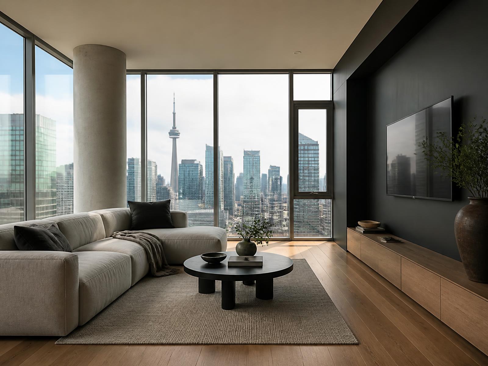 Modern Toronto condo living room with skyline views and acoustic treated feature wall